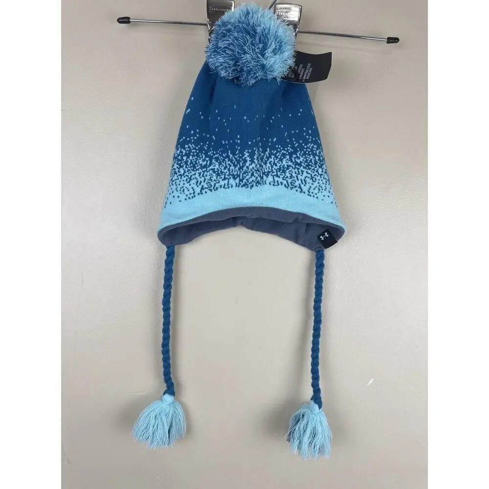 Under Armour Kids Youth Beanie Hat Blue Ombre Fleece Lined Pom Earflap Winter NW